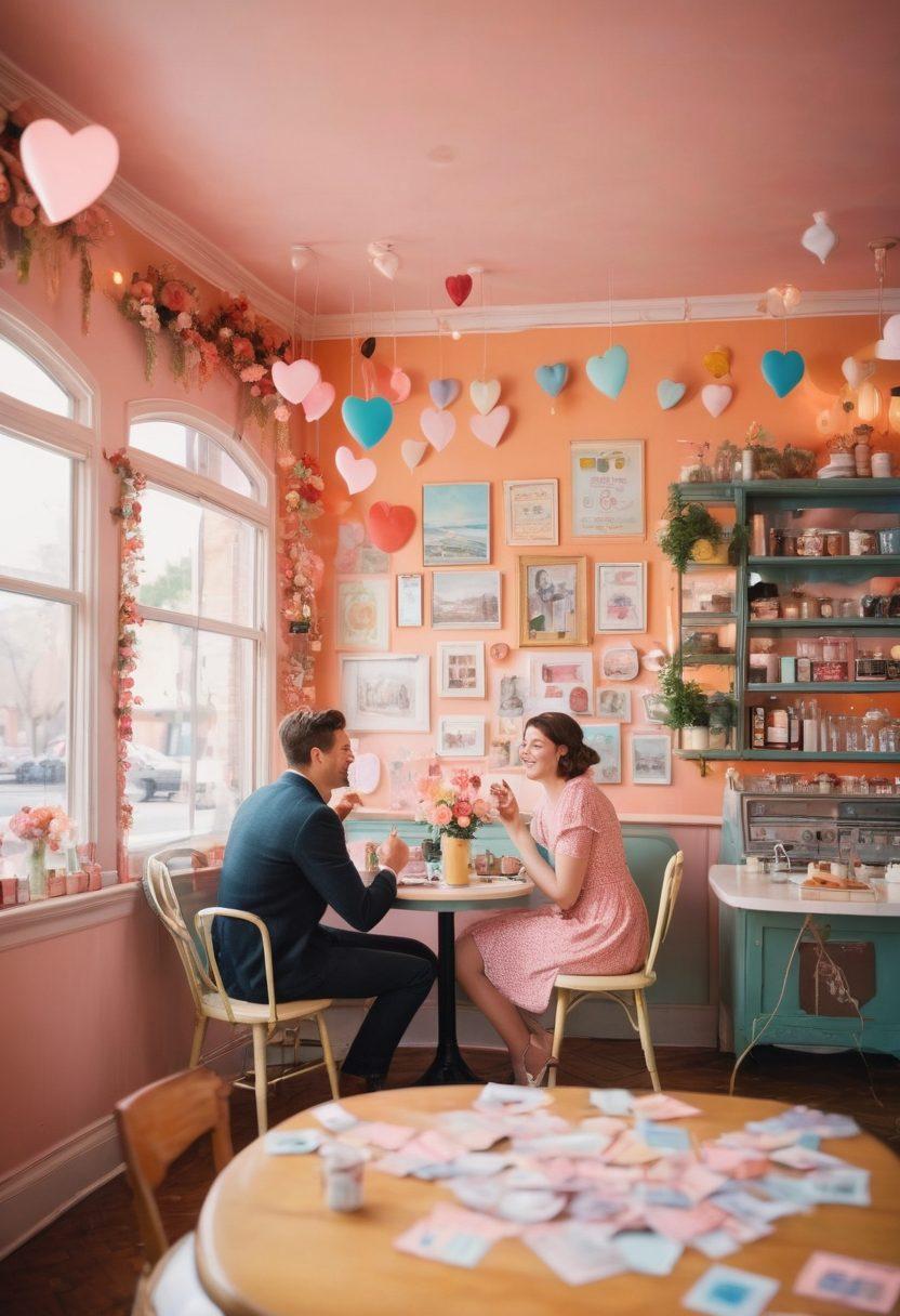 A whimsical scene depicting a couple sitting together in a cozy, imaginative cafe, surrounded by floating hearts and iconic objects from famous rom-coms—like a bouquet of flowers, a movie ticket, and a vintage camera. Soft pastel colors fill the background, with an aura of warmth and nostalgia, emphasizing the magic of storytelling in cinema. The couple should be laughing, creating a sense of connection and joy. vibrant colors. painting.