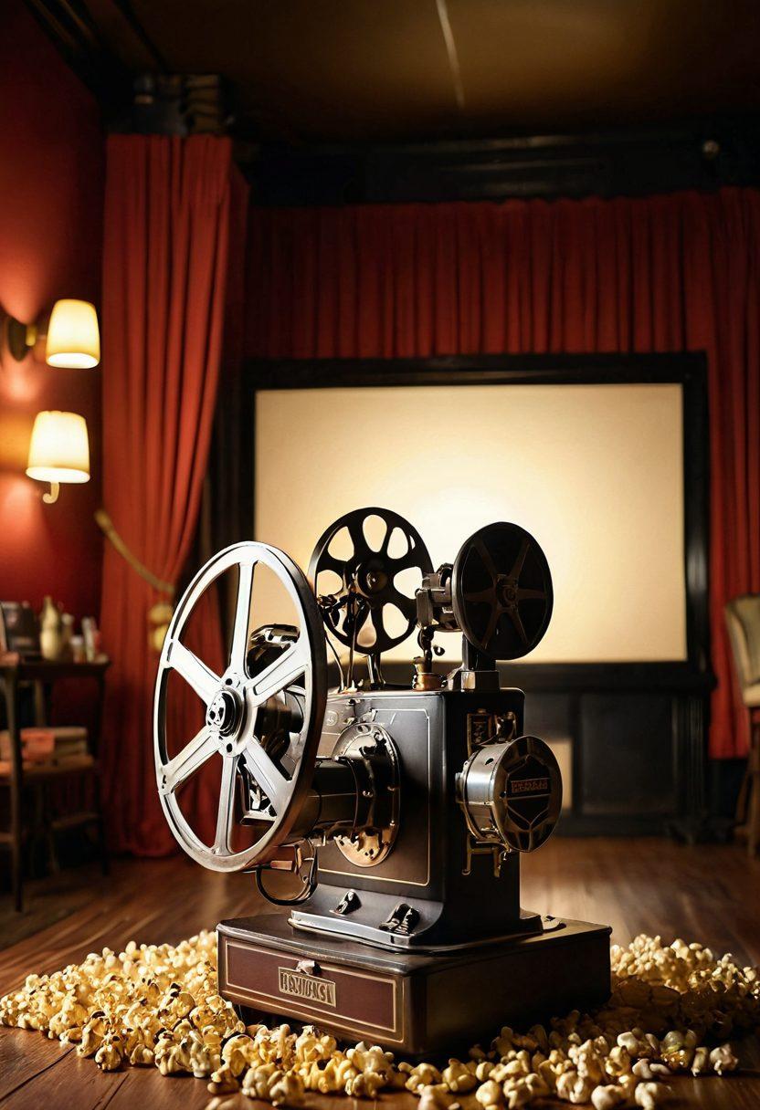 A dreamy cinema setting featuring a vintage film projector casting romantic scenes on a screen, surrounded by a diverse audience captivated by the magic of film. Incorporate elements like popcorn, old-fashioned film reels, and posters of classic romantic films, with soft lighting and a warm color palette to evoke nostalgia. super-realistic. vibrant colors. cinematic atmosphere.