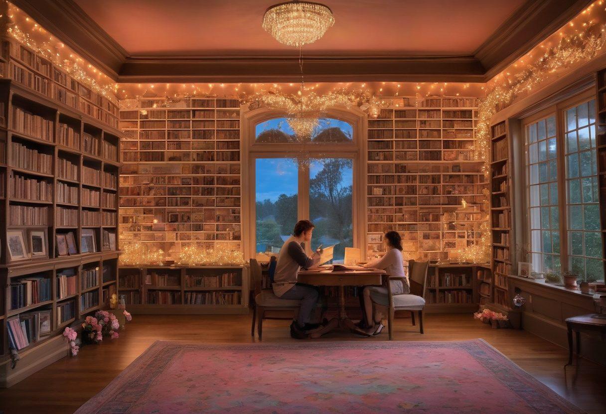 A lush, enchanted library filled with classic romance novels, glowing with magical light. In the foreground, a couple reads together, surrounded by floating heart-shaped illustrations of famous book covers. Behind them, a majestic backdrop of vintage movie posters depicting romantic classics, entwined with roses and fairy lights. Soft pastel colors and a dreamy atmosphere evoke love and nostalgia. painting. vibrant colors.